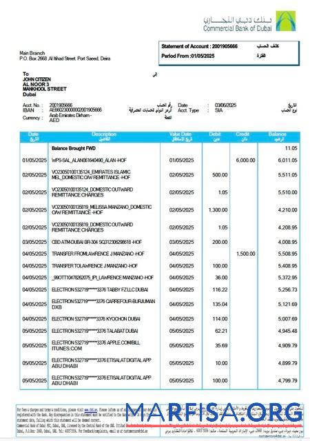 Realistic UAE Commercial Bank of Dubai bank statement word sample